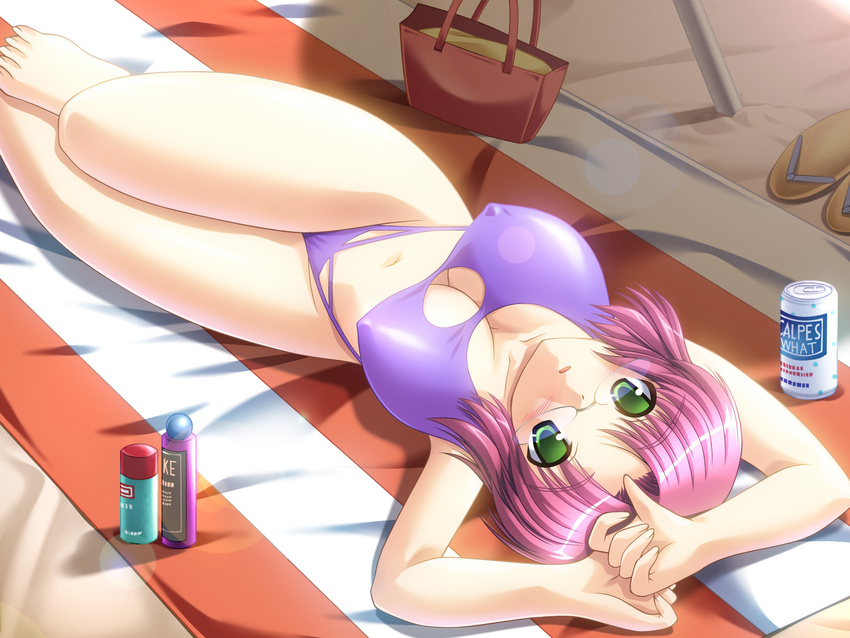 :o arms_up bag bangs barefoot beach bikini blush bottle breasts can cleavage cleavage_cutout covered_nipples day dutch_angle embarrassed feet from_above glasses green_eyes highres large_breasts legs lens_flare looking_at_viewer lotion lying on_back open_mouth oshioki_sweetie outdoors parted_bangs pink_hair sandals shadow shiny shiny_hair shoes_removed short_hair shuu_mariko solo striped sunscreen swimsuit towel wallpaper yameta_takashi