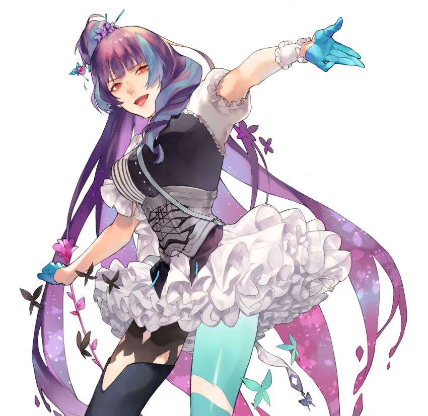 1girl :d bangs black_footwear blue_gloves blue_legwear boots corset floating_hair gloves half_gloves highlights highres layered_skirt long_hair looking_at_viewer macross macross_delta mikumo_guynemer miniskirt multicolored_hair open_mouth outstretched_arms purple_hair red_eyes shiny shiny_clothes short_sleeves simple_background single_boot single_leg_pantyhose skirt smile solo standing thigh_boots thighhighs very_long_hair white_background white_skirt wrist_cuffs yokuni_(yokunill001121)