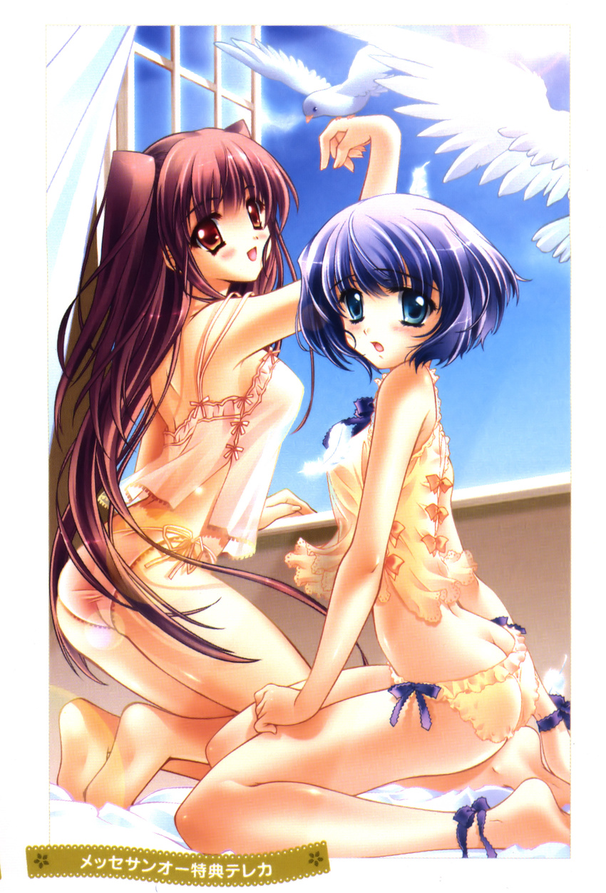 absurdres airi_(quilt) anklet ass barefoot bird bird_on_hand blue_eyes blue_hair camisole carnelian feet highres jewelry lingerie long_hair multiple_girls open_mouth panties quilt_(game) scan short_hair sia_(quilt) side-tie_panties sugiyama_genshou twintails two_side_up underwear yellow_eyes