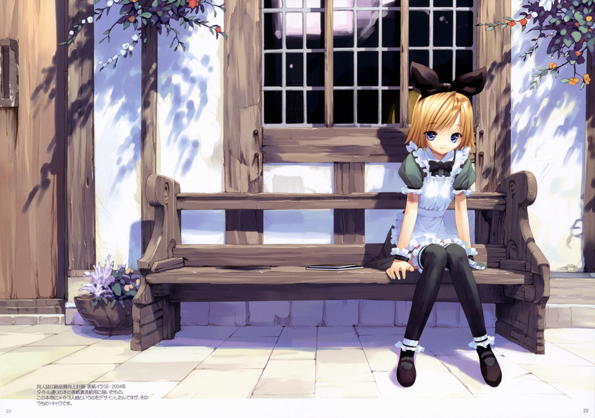 absurdres alice_in_wonderland alternate_costume ankle_garter bench blonde_hair blue_eyes bow enmaided hair_bow highres kagamine_rin maid short_hair sitting solo thighhighs ueda_ryou vocaloid window wrist_cuffs