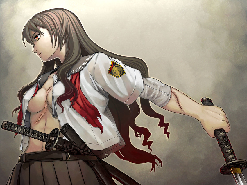 bandages breasts brown_hair copyright_request itou_(onsoku_tassha) katana large_breasts long_hair open_clothes open_shirt red_eyes scar school_uniform shirt skirt solo stitches sword torn_clothes weapon