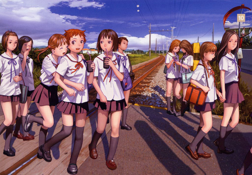 6+girls everyone group highres multiple_girls murata_renji railroad railroad_tracks range_murata school_uniform schoolgirl short skirt tracks