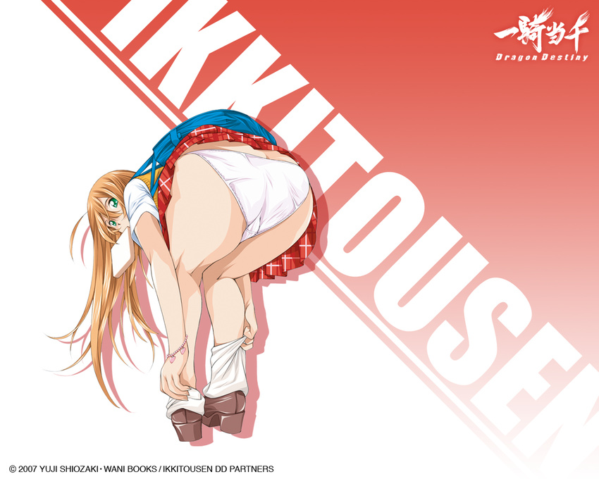 ahoge ass backpack bag beads bent_over bracelet butt_crack food food_in_mouth from_behind high_heels ikkitousen ikkitousen_dragon_destiny jewelry kneepits legs loafers long_hair looking_back loose_socks mouth_hold official_art orange_hair panties plaid plaid_skirt pleated_skirt red_skirt school_uniform shadow shiozaki_yuji shoes skirt skirt_lift socks solo sonsaku_hakufu sweater_vest toast toast_in_mouth underwear vest wallpaper white_legwear white_panties