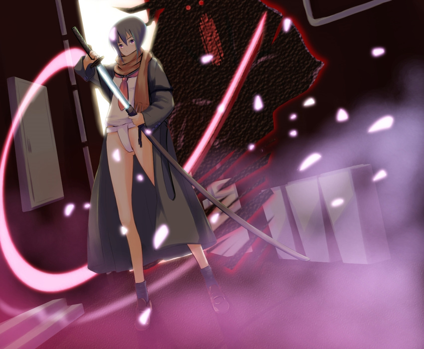 bad_id bad_pixiv_id coat fundoshi japanese_clothes katana legs nanahime original scarf school_uniform short_hair solo sword weapon