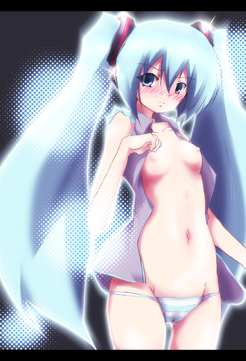 blue_eyes blue_hair blush breasts hatsune_miku highres long_hair lowleg lowleg_panties medium_breasts nipples open_clothes open_shirt panties remyu shirt solo striped striped_panties twintails underwear vocaloid