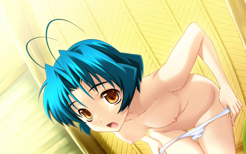 :o antenna_hair bangs bent_over blue_hair bou breasts dutch_angle groin hanging_breasts highres indoors looking_at_viewer muvluv muvluv_altered_fable nipples open_mouth orange_eyes panties pulled_by_self short_hair small_breasts solo surprised thigh_gap topless underwear underwear_only undressing wallpaper white_panties yoroi_mikoto