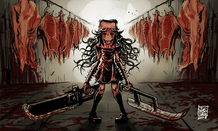blood chainsaw copyright_request dual_wielding food glasses holding j-e-m-g knife meat nun solo
