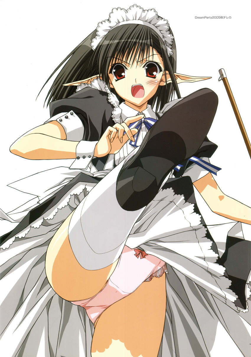 absurdres black_hair blush broom high_kick highres kicking maid official_art panties pantyshot pointy_ears red_eyes sage_(tick!_tack!) scan short_hair shuffle! solo suzuhira_hiro thighhighs tick!_tack! underwear