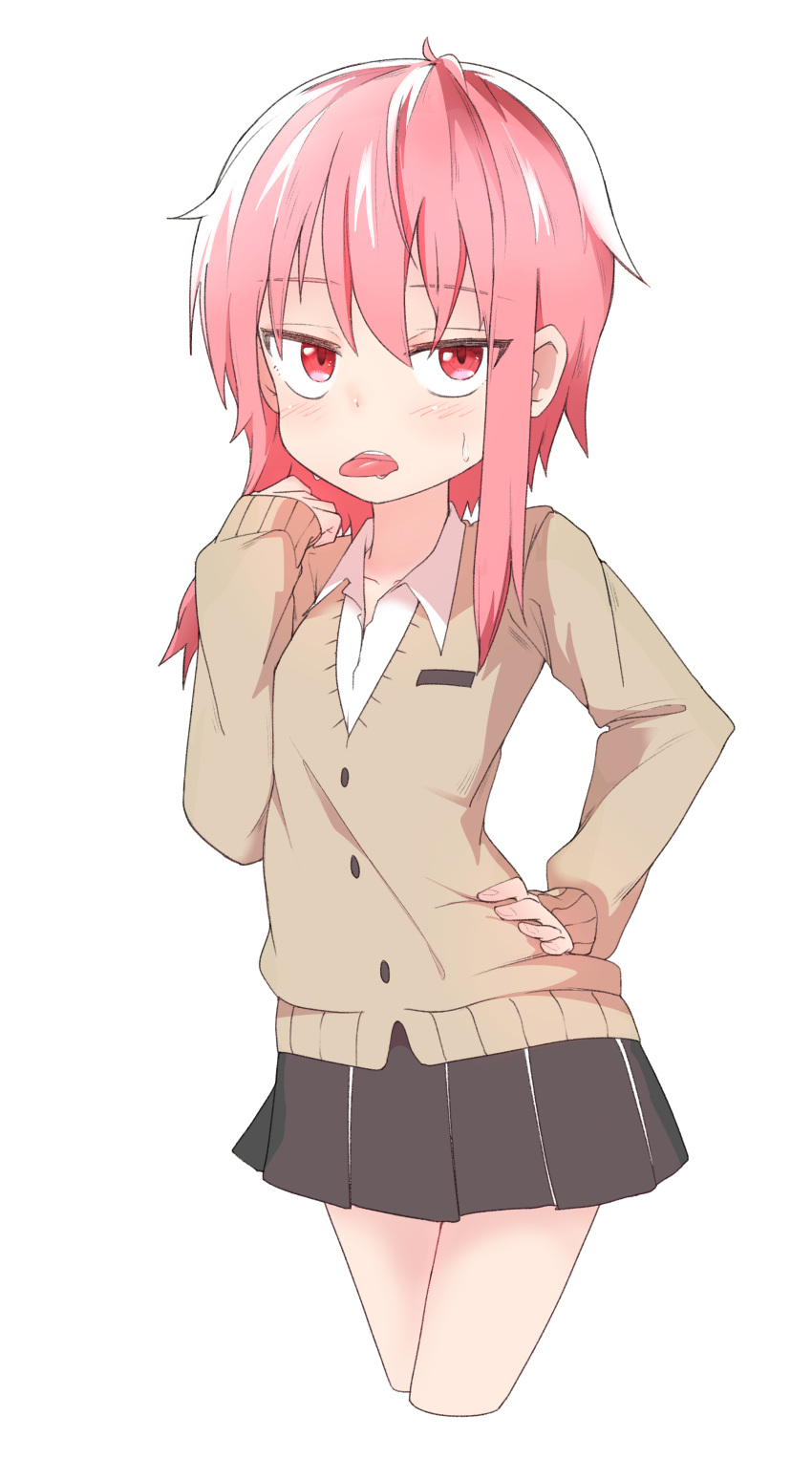 1girl absurdres blush bural_chingu cardigan highres lee_ji-eun_(bural_chingu) looking_at_viewer open_mouth pink_hair red_eyes school_uniform shirt short_hair sidelocks simple_background skirt solo sweatdrop tongue tongue_out white_background wweedpic