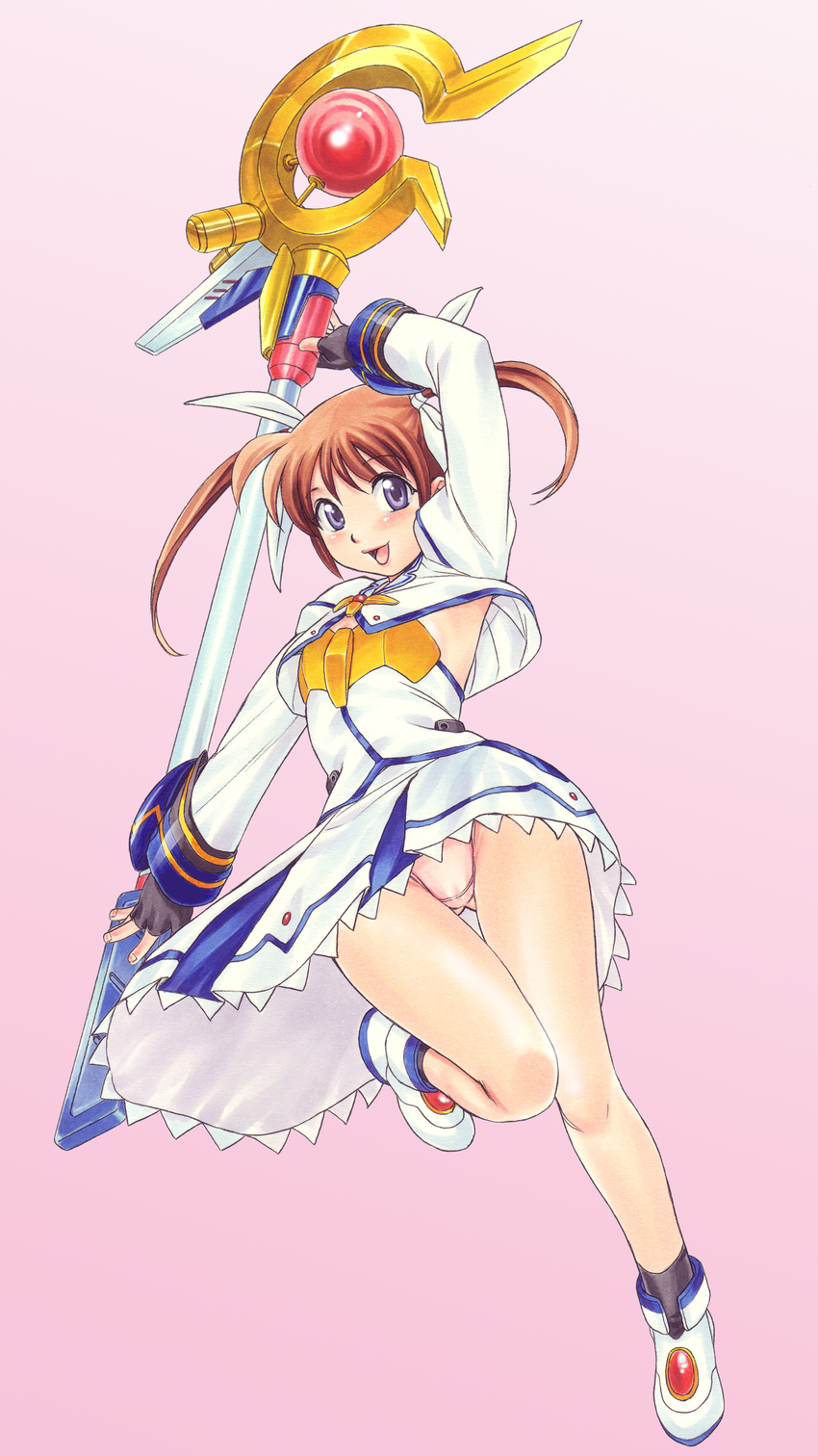 absurdres armpits blush brown_hair cameltoe highres lyrical_nanoha mahou_shoujo_lyrical_nanoha mahou_shoujo_lyrical_nanoha_the_movie_1st nishitsuki_tsutomu panties pantyshot purple_eyes raising_heart short_twintails solo staff takamachi_nanoha thigh_gap traditional_media twintails underwear