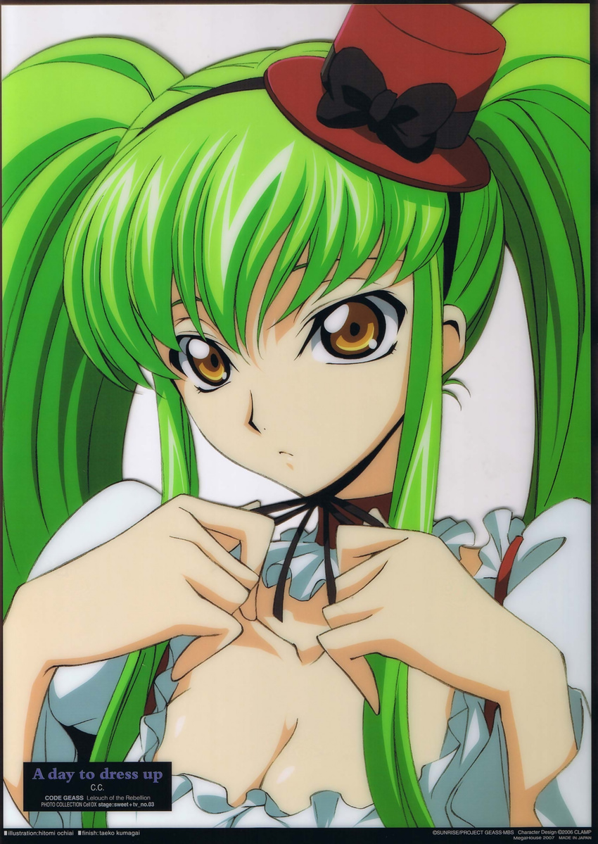 absurdres bow breasts c.c. choker cleavage code_geass green_hair hat highres kumagai_taeko long_hair medium_breasts mini_hat mini_top_hat ochiai_hitomi scan solo top_hat twintails yellow_eyes