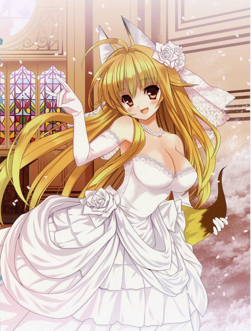 absurdres animal_ears blonde_hair blush breasts cleavage dress elbow_gloves fox gloves highres jewelry kanokon koin_(foxmark) large_breasts long_hair minamoto_chizuru necklace open_mouth smile solo tail wedding_dress