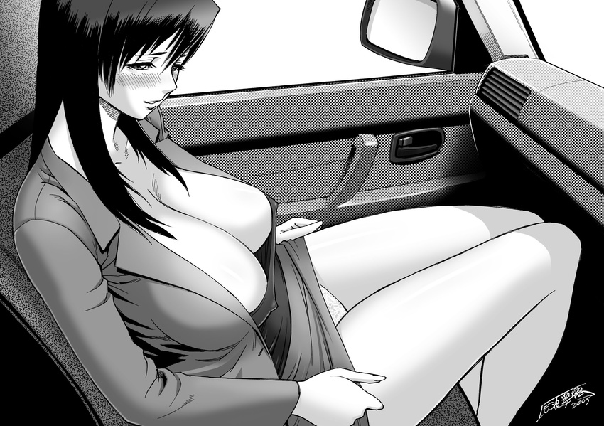 blush breasts car car_interior cleavage copyright_request covered_nipples downblouse greyscale ground_vehicle highres huge_breasts monochrome motor_vehicle panties pencil_skirt right-hand_drive sagging_breasts sitting skirt skirt_lift solo tatsunami_youtoku underwear