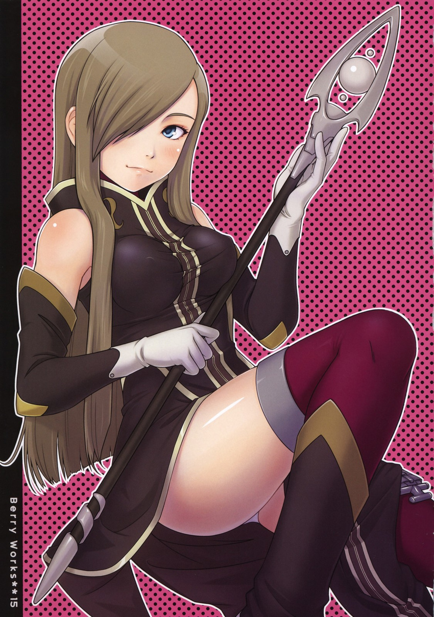 blue_eyes blush boots breasts brown_hair covered_nipples elbow_gloves face gloves ha-ru hair_over_one_eye highres impossible_clothes impossible_shirt knee_boots large_breasts long_hair naughty_face panties pantyshot shirt staff tales_of_(series) tales_of_the_abyss tear_grants thighhighs underwear