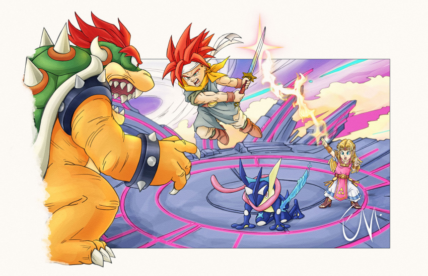 bowser chrono_trigger ciberman001 creatures_(company) crono game_freak gen_6_pokemon greninja highres nintendo pokemon pokemon_(creature) pokemon_(game) princess_zelda square_enix super_smash_bros. super_smash_bros._ultimate the_legend_of_zelda