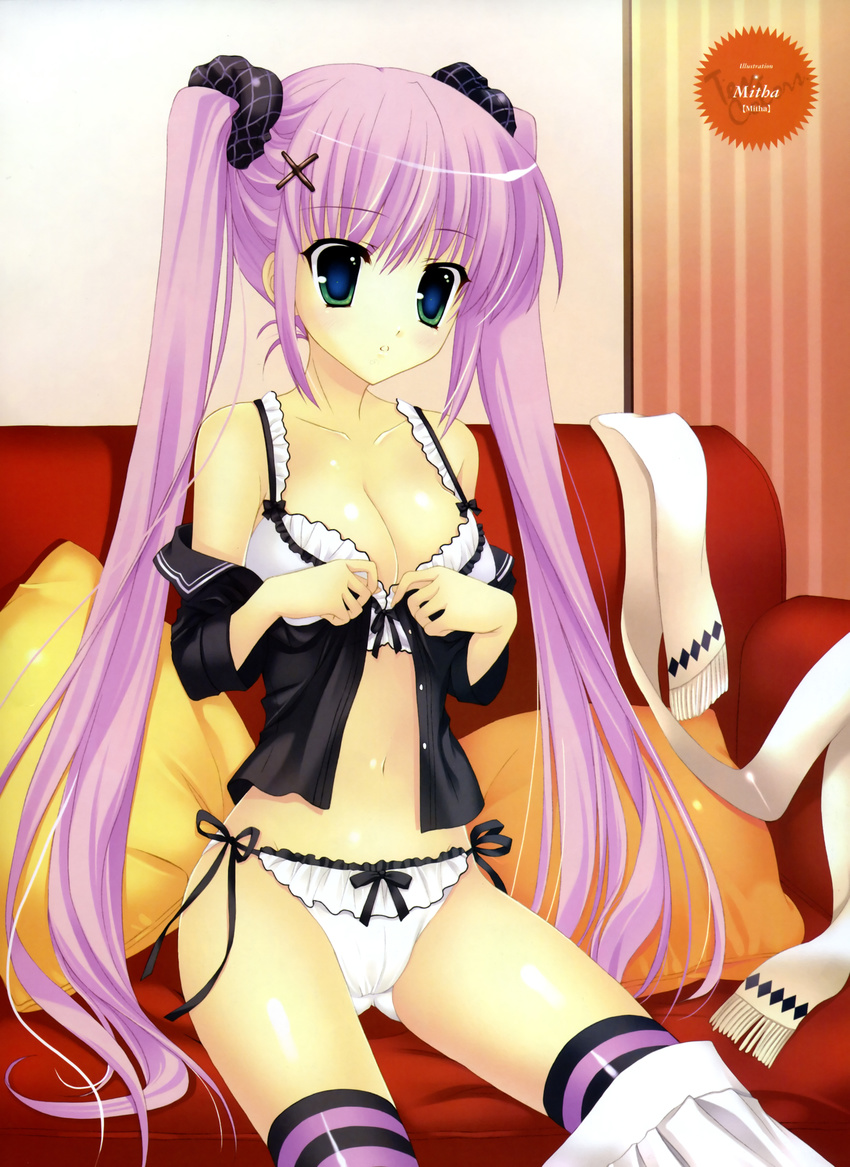 absurdres blue_eyes bow bra breasts cleavage copyright_request frills highres lingerie long_hair medium_breasts mitha non-web_source panties purple_hair scarf side-tie_panties solo string_panties striped striped_legwear thighhighs twintails underwear undressing very_long_hair