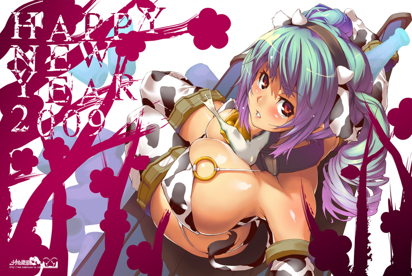 animal_ears animal_print bad_id bad_pixiv_id bikini blue_hair breasts copyright_request cow_ears cow_girl cow_print cow_tail highres horns large_breasts red_eyes shina_mama solo swimsuit tail thighhighs twintails