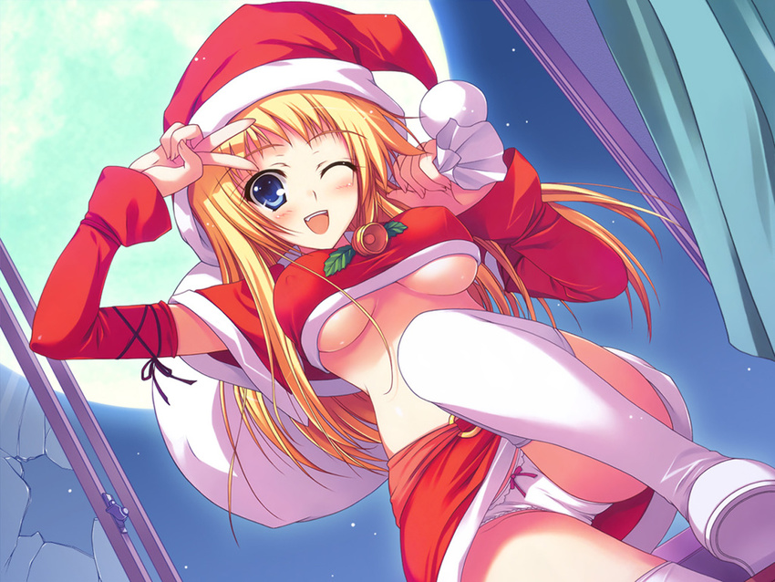 bandeau bell blonde_hair blue_eyes blush bow bow_panties breasts broken_window christmas copyright_request covered_nipples detached_sleeves dutch_angle from_below hat long_hair medium_breasts miniskirt moon one_eye_closed open_mouth panties pantyshot santa_costume santa_hat skirt solo strapless thighhighs tomose_shunsaku tubetop underboob underwear v white_panties