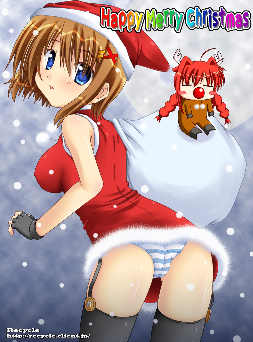 absurdres antlers ass blue_eyes braid breasts brown_hair chibi christmas covered_nipples garters hat highres large_breasts lask lyrical_nanoha mahou_shoujo_lyrical_nanoha mahou_shoujo_lyrical_nanoha_a's multiple_girls panties red_hair sack santa_costume santa_hat striped striped_panties thighhighs twin_braids underwear upskirt vita yagami_hayate