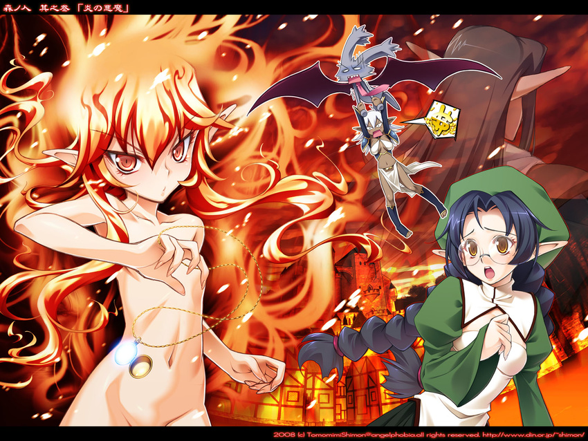 braid copyright_request dark_skin fiery_hair fire flat_chest glasses hat highres long_hair multiple_girls navel nude orange_eyes pocket_watch pointy_ears projected_inset red_hair tomomimi_shimon tsurime twin_braids wallpaper watch