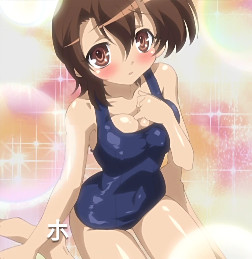 blush breasts brown_eyes brown_hair cleavage genderswap genderswap_(mtf) hasegawa_takuto highres magician's_academy medium_breasts non-web_source one-piece_swimsuit school_swimsuit screencap short_hair solo stitched swimsuit third-party_edit
