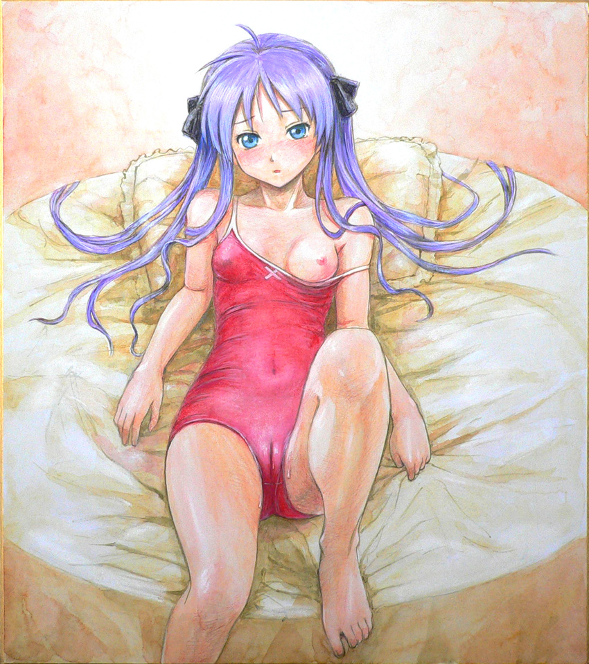 acrylic_paint_(medium) bad_id bad_pixiv_id barefoot blue_eyes blush breasts cameltoe feet graphite_(medium) highres hiiragi_kagami long_hair lucky_star nipples one-piece_swimsuit pillow purple_hair small_breasts solo strap_slip swimsuit tafuto traditional_media twintails watercolor_(medium)