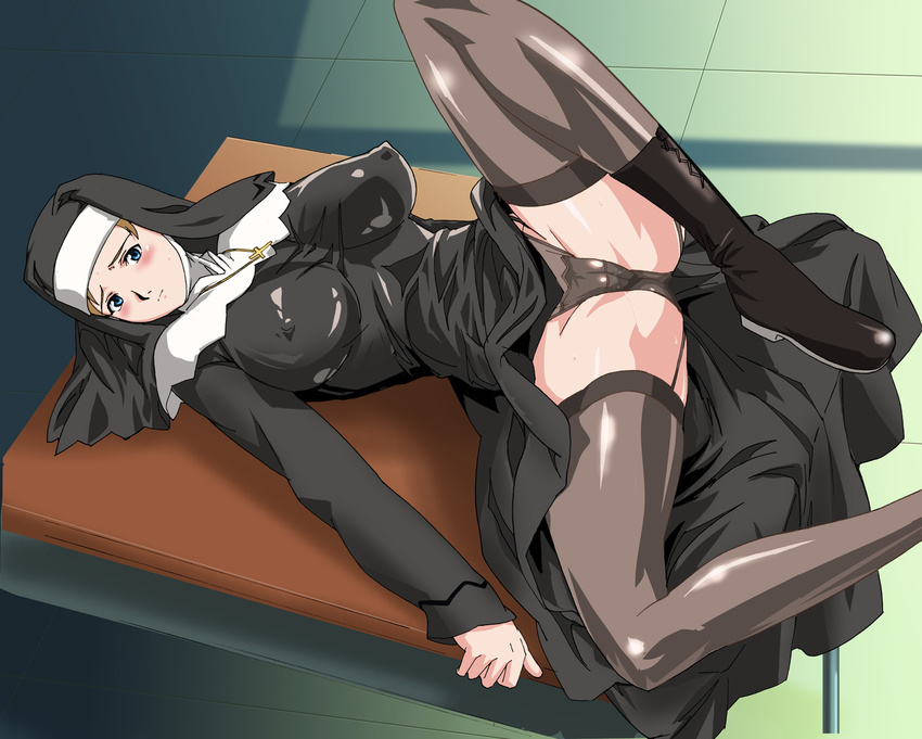 blonde_hair blue_eyes blush boots breasts cameltoe covered_nipples cross desk dress dress_lift dutch_angle embarrassed from_above garter_straps grey_legwear grey_panties habit highres impossible_clothes indoors jewelry large_breasts leg_up looking_at_viewer lux lying my-hime necklace non-web_source nun on_back panties sanada_yukariko shadow shiny shiny_clothes shirt short_hair solo spread_legs sweat taut_clothes taut_shirt thighhighs thighs underwear