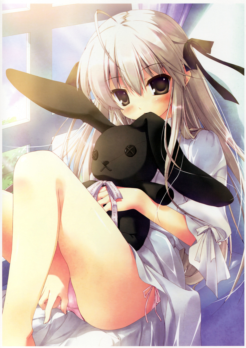 absurdres ahoge blush brown_eyes chikotam hair_ribbon highres kasugano_sora long_hair panties pink_panties ribbon side-tie_panties solo stuffed_animal stuffed_bunny stuffed_toy underwear white_hair yosuga_no_sora