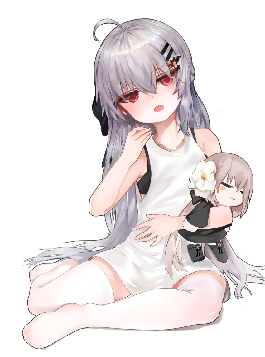 1girl :o absurdres ahoge aug_(girls_frontline) bangs bare_arms bare_shoulders black_bra black_ribbon blush bra brown_hair character_doll character_request dokomon dress eyebrows_visible_through_hair fang flower girls_frontline hair_between_eyes hair_ornament hair_ribbon hairclip hand_up head_tilt highres iws-2000_(girls_frontline) long_hair no_shoes object_hug open_mouth red_eyes ribbon silver_hair simple_background sleeveless sleeveless_dress solo steyr_aug_(girls_frontline) tears thighhighs underwear very_long_hair white_background white_dress white_flower white_legwear