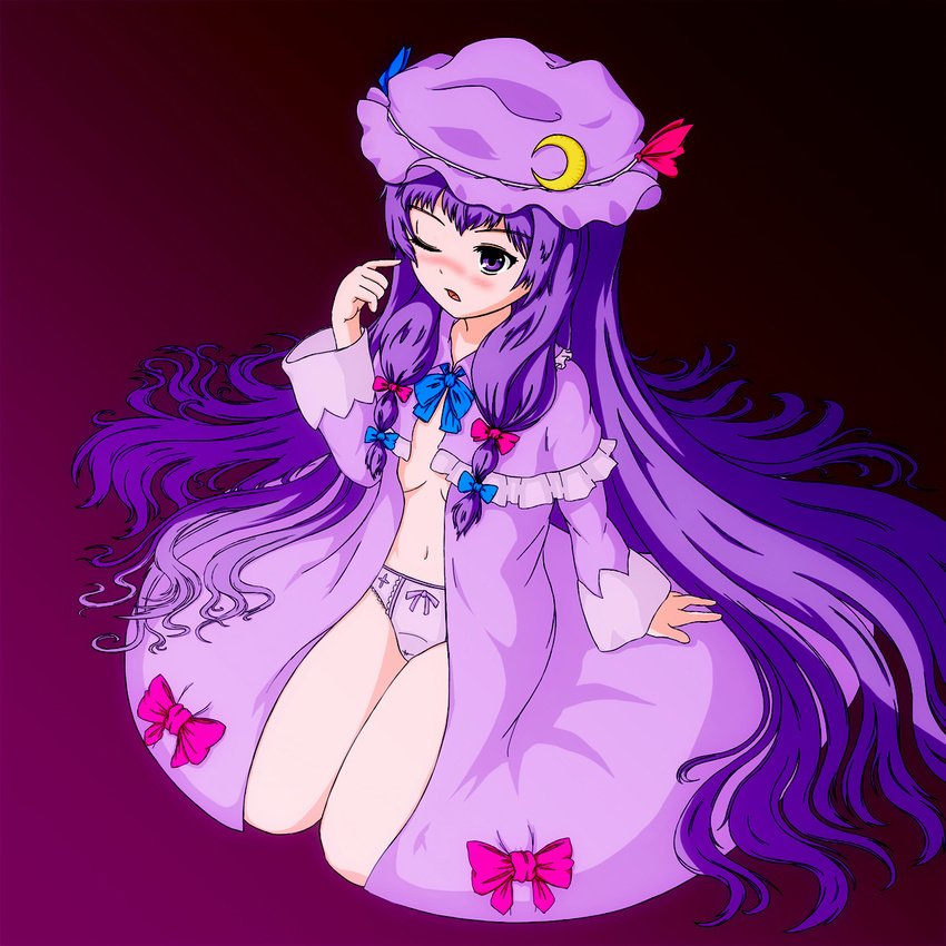 blush bow hat highres hiromi_(artist) long_hair panties patchouli_knowledge pink_bow purple_eyes purple_hair solo touhou underwear