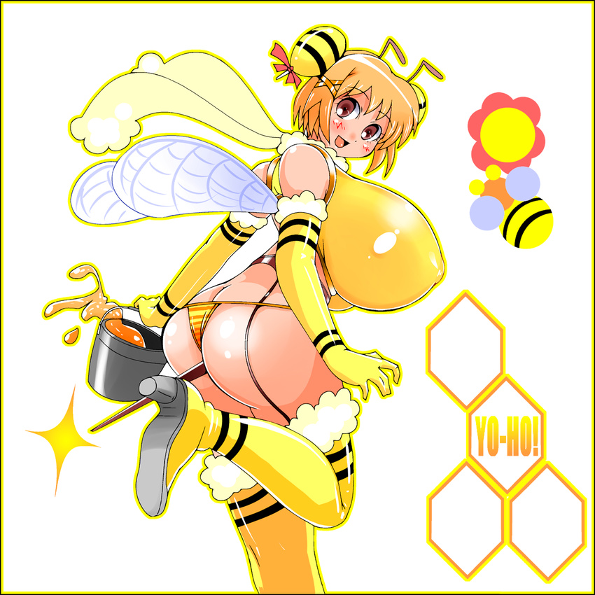 amano_taiki ass bad_id bad_pixiv_id bee_girl breasts copyright_request garter_belt highres huge_breasts insect_girl monster_girl panties solo striped striped_panties thighhighs thong underwear