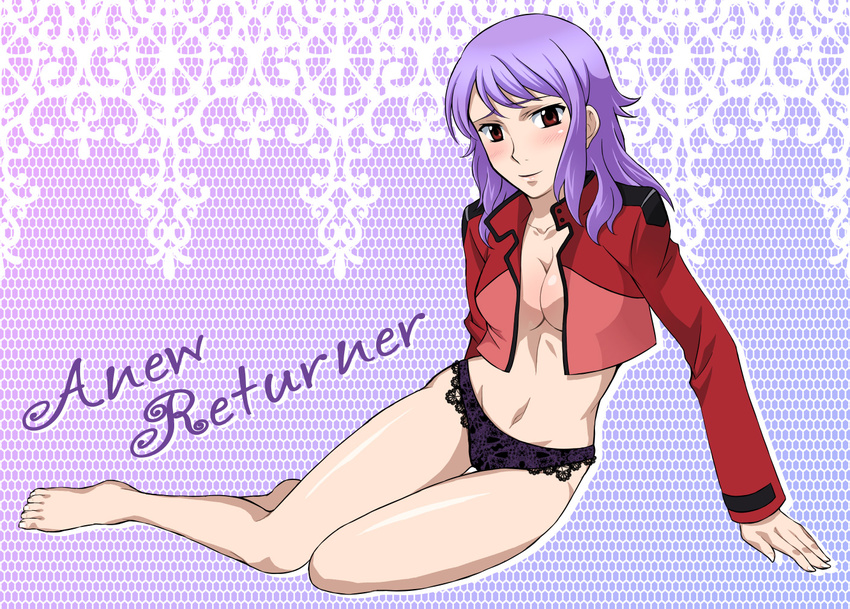 anew_returner bad_id bad_pixiv_id barefoot blush breasts celestial_being_uniform cleavage crop_top gundam gundam_00 kuro_(pizz66) medium_breasts no_bra open_clothes panties purple_hair purple_panties red_eyes short_hair solo underwear