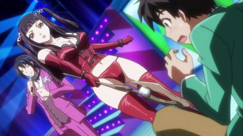 2boys aono_tsukune black_hair bracelet breasts cleavage corset elbow_gloves femdom gloves hair_ribbon jewelry large_breasts multiple_boys purple_eyes red_leather ribbon rosario+vampire screencap spiked_bracelet spikes staff thighhighs toujou_ruby twintails weapon yellow_eyes