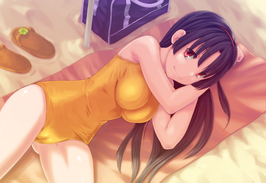 ardnades beach black_hair breasts cameltoe hairband impossible_clothes impossible_swimsuit large_breasts long_hair looking_at_viewer lying on_side one-piece_swimsuit original red_eyes smile solo swimsuit thighs
