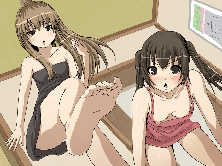 barefoot blush breasts brown_hair chestnut_mouth downblouse feet flat_chest highres large_breasts long_hair long_toenails minami-ke minami_chiaki minami_kana multiple_girls nipple_slip nipples no_bra panties pov_feet siblings sisters soles toe_scrunch toenails toes tomihero twintails underwear