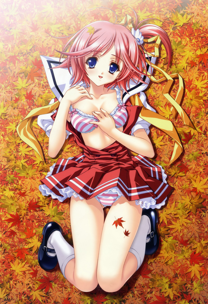 :d absurdres amano_kotori autumn blue_eyes blush bow bow_bra bra dengeki_hime dress dress_lift from_above full_body hair_ornament hair_ribbon highres knees_together_feet_apart kokoro_hokenshitsu lace leaf lingerie loafers lying nature necktie official_art on_back open_clothes open_mouth open_shirt outdoors panties pantyshot pantyshot_(lying) pink_bra pink_hair pink_panties ponytail ribbon sakashita_fubuki scan school_uniform serafuku shirt shoes short_dress short_hair side_ponytail smile socks solo striped striped_bra striped_panties thigh_gap thighs underwear