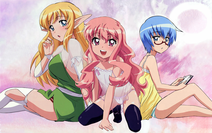 absurdres blonde_hair blue_eyes blue_hair blush book elf fujii_masahiro glasses highres louise_francoise_le_blanc_de_la_valliere multiple_girls non-web_source panties pink_eyes pink_hair pointy_ears striped striped_panties tabitha thighhighs tiffania_westwood underwear zero_no_tsukaima