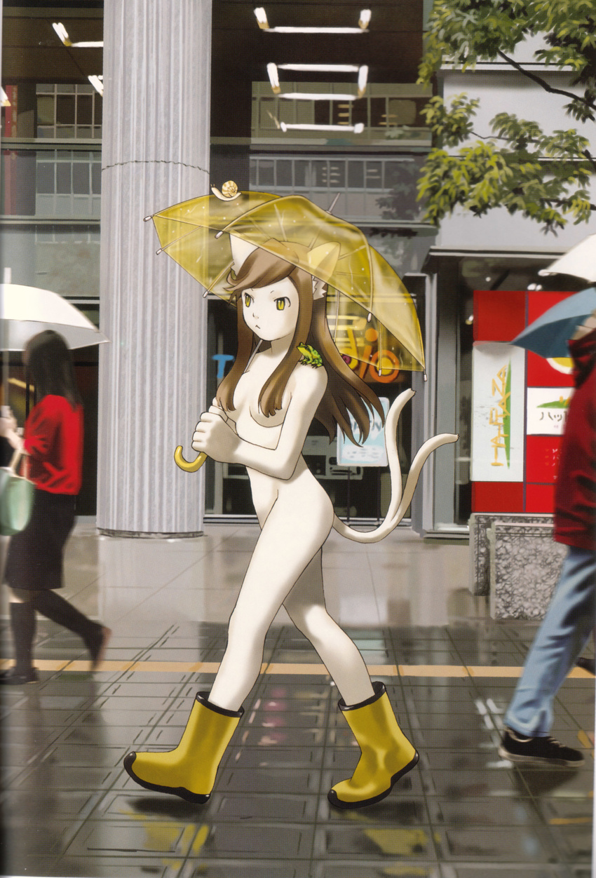 absurdres animal_ears artist_request boots cat_ears cat_tail frog furry hair_censor hair_over_breasts highres long_hair multiple_tails nekomata nekomata_(megami_tensei) nude persona persona_2 public_nudity rain rubber_boots scan snail solo_focus tail umbrella walking