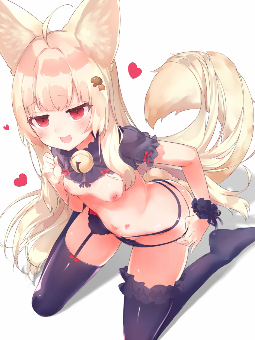 1girl :3 ahoge animal_ears bell black_legwear black_panties blonde_hair breasts dog_ears dog_tail from_above garter_belt garter_straps hair_ornament hairclip heart highres jingle_bell kneeling long_hair looking_up navel nipples open_mouth original panties panty_pull pulled_by_self pussy pussy_peek red_eyes sakurayume_kome simple_background small_breasts smile solo tail thighhighs topless underwear white_background