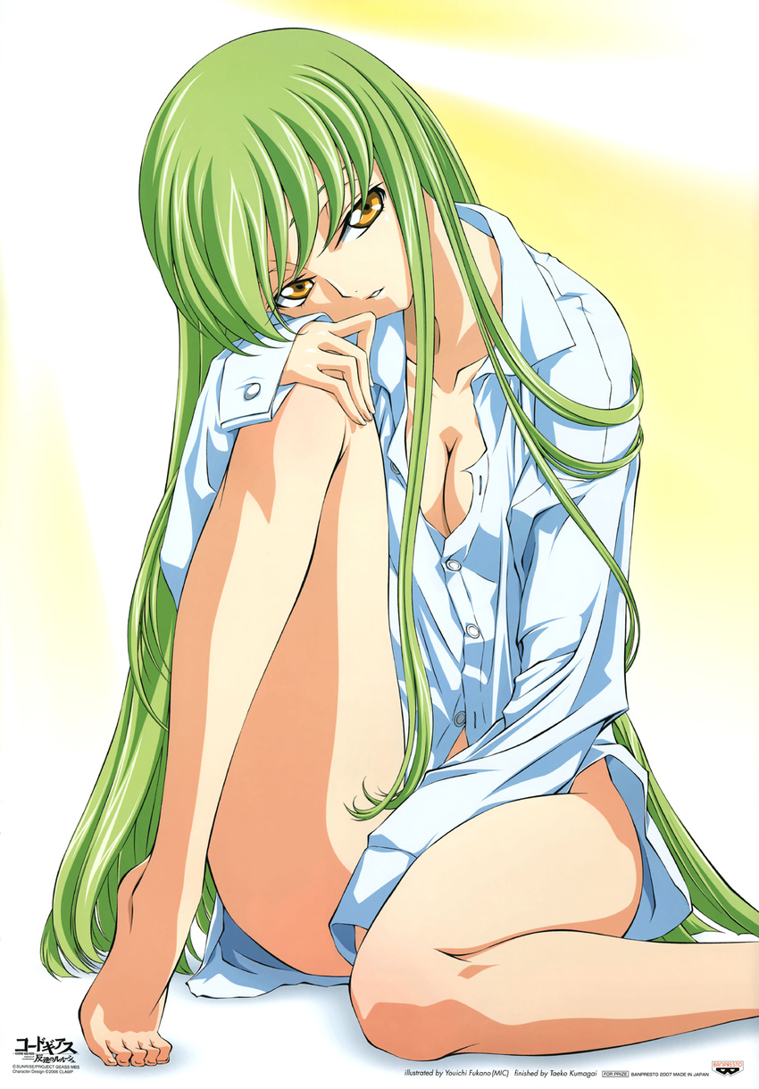 barefoot bottomless breasts c.c. cleavage code_geass dress_shirt duplicate feet fukano_youichi green_hair highres kumagai_taeko leg_lift long_hair medium_breasts shirt sitting very_long_hair white_shirt yellow_eyes