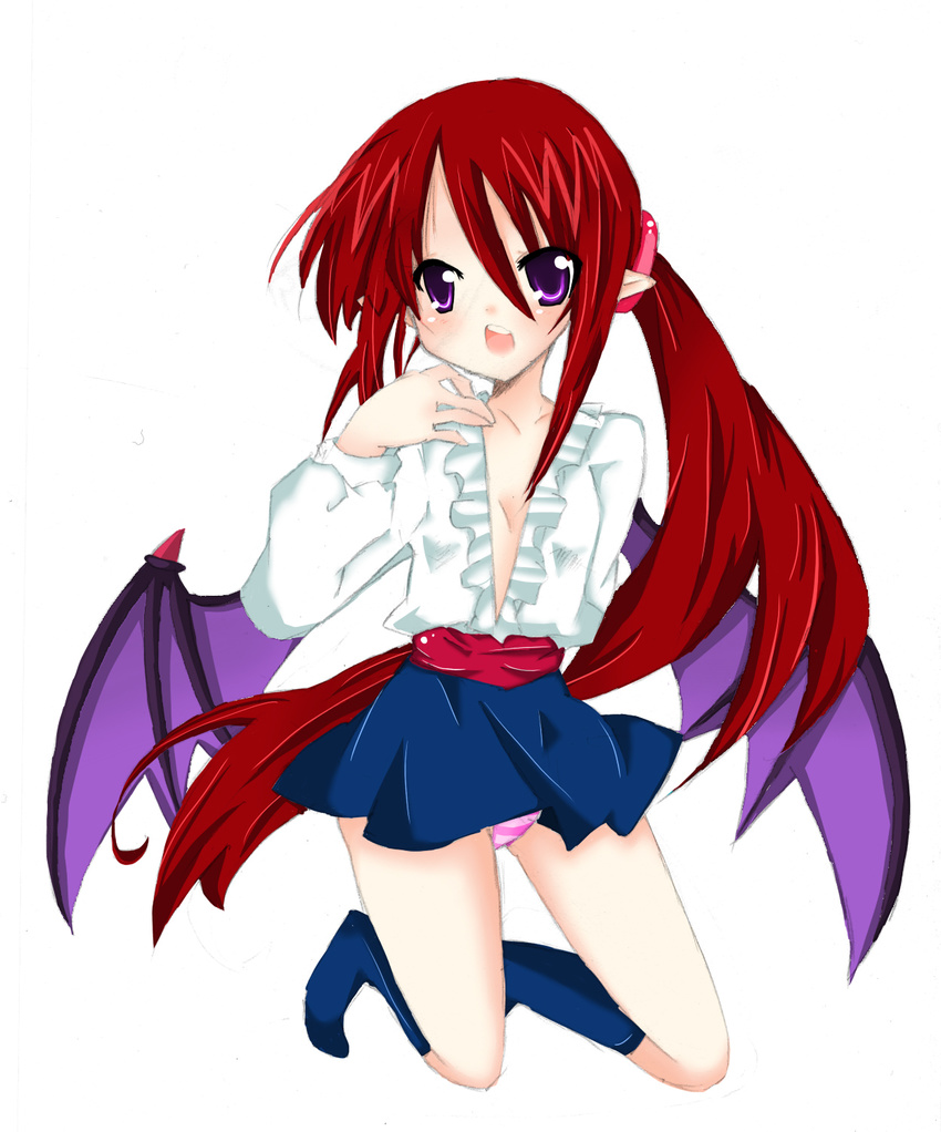 bad_id bad_pixiv_id bat_wings flat_chest highres kneeling lady_bat long_hair male_focus mermaid_melody_pichi_pichi_pitch original otoko_no_ko panties pantyshot pantyshot_(kneeling) pointy_ears ponytail purple_eyes purple_wings red_hair sherry_(artist) solo striped striped_panties underwear wings