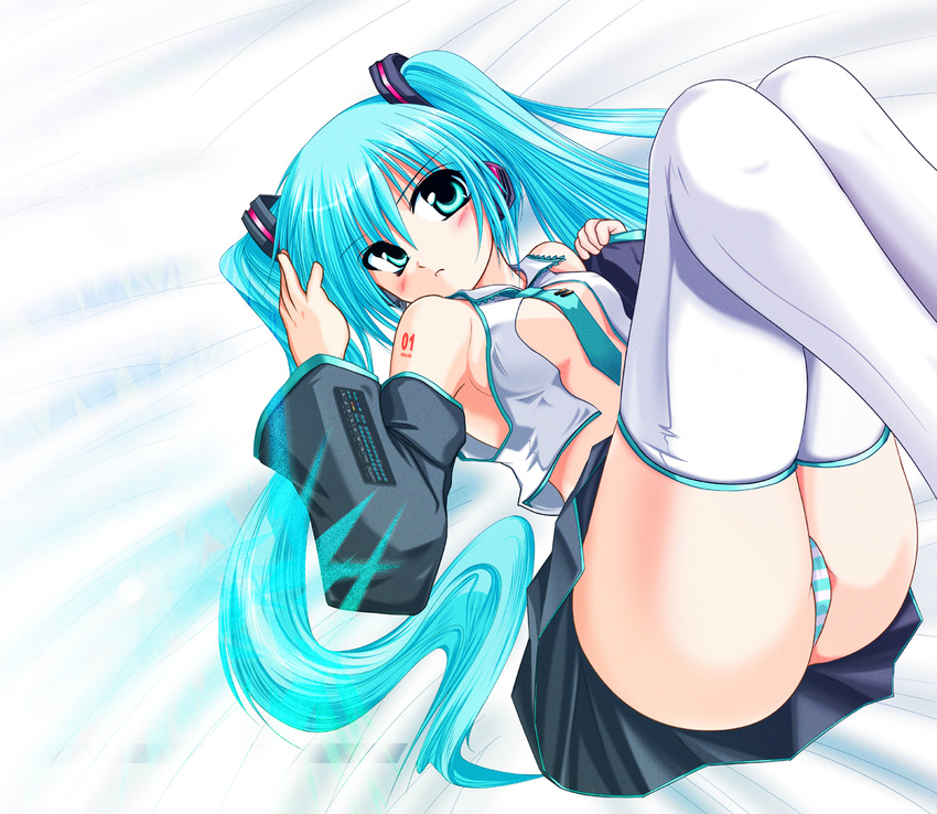 aqua_eyes bed blue_hair blush detached_sleeves hatsune_miku kirihane long_hair lying necktie no_bra open_clothes open_shirt panties shirt skirt solo striped striped_panties thighhighs twintails underwear vocaloid white_legwear