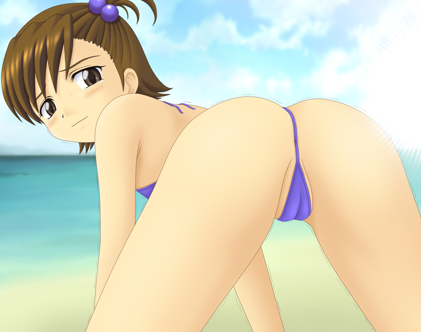 all_fours ass bent_over bikini cameltoe futami_mami hair_bobbles hair_ornament idolmaster koneko_houseeuh namco swimsuit thong_bikini tremble trembling