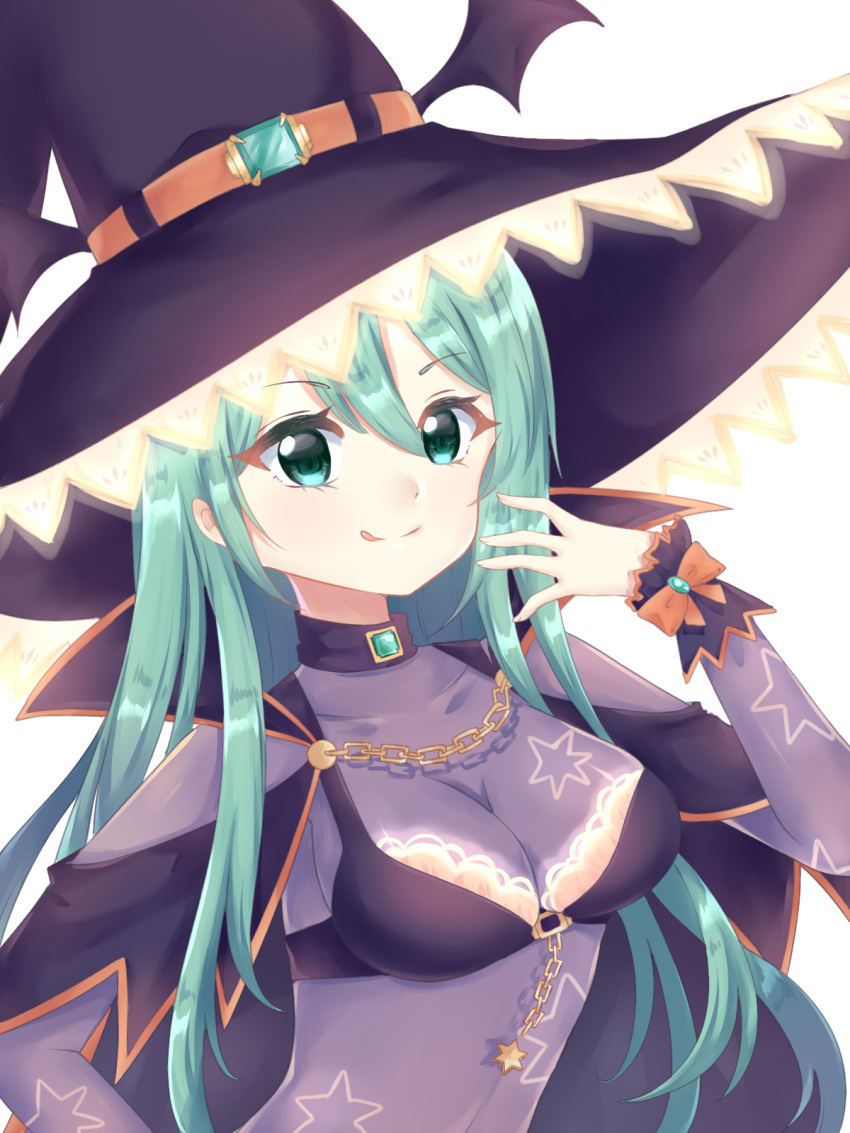 1girl :q bangs black_bra black_cape black_hat blush bodysuit bra breasts cape chains closed_mouth commentary_request date_a_live eyebrows_visible_through_hair fingernails green_eyes green_hair hair_between_eyes hand_up hat highres light_(luxiao_deng) long_hair long_sleeves medium_breasts natsumi_(date_a_live) purple_bodysuit smile solo star star_print tongue tongue_out underwear upper_body very_long_hair witch_hat wrist_cuffs