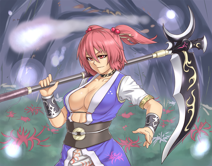 alternate_weapon bracer breasts choker cleavage collarbone flower hair_bobbles hair_ornament hitodama houtengeki large_breasts onozuka_komachi pink_eyes pink_hair pose scythe short_hair solo spider_lily touhou two_side_up weapon
