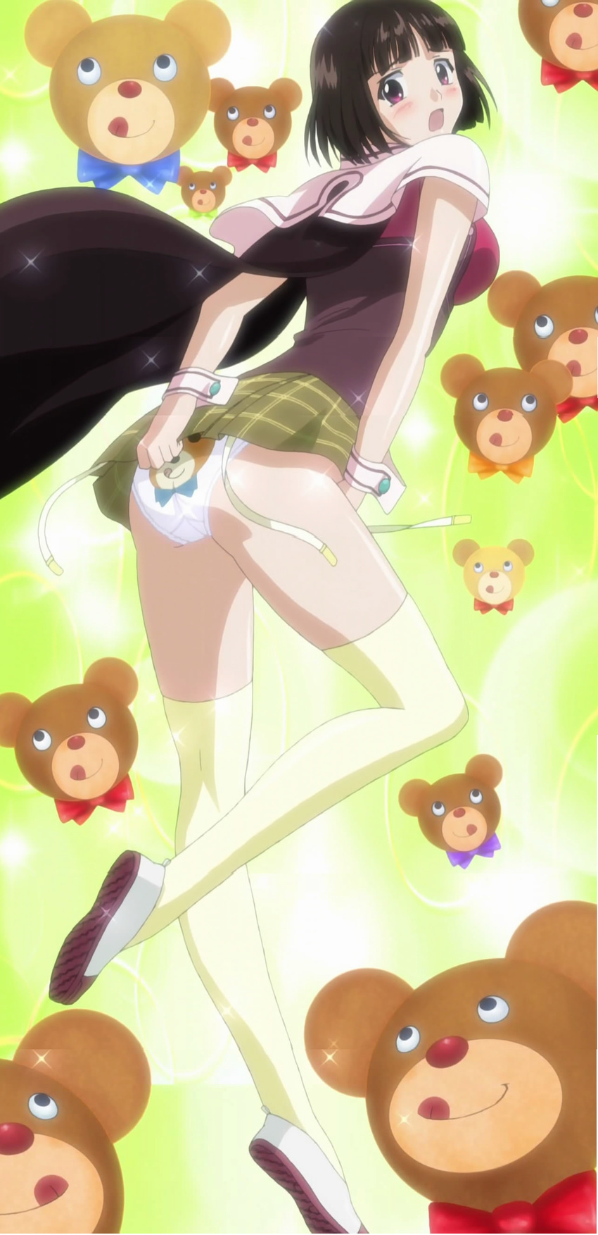 :q absurdres black_hair bob_cut garter_belt highres older panties plaid plaid_skirt purple_eyes rosario+vampire school_uniform screencap sendou_yukari short_hair skirt solo stuffed_animal stuffed_toy teddy_bear thighhighs tongue tongue_out underwear wrist_cuffs