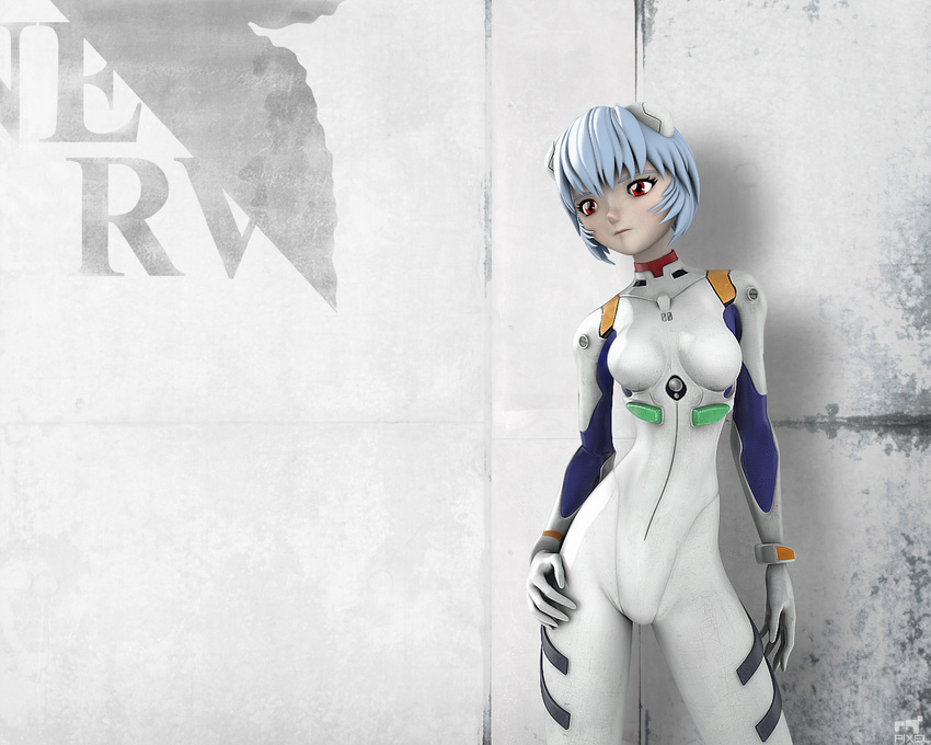 3d arm_at_side ayanami_rei bangs blue_hair bodysuit bracer breasts closed_mouth contrapposto cowboy_shot expressionless gloves hand_on_own_thigh headgear legs_apart liemn logo looking_to_the_side neon_genesis_evangelion nerv pilot_suit plugsuit red_eyes short_hair skin_tight slender_waist small_breasts solo standing turtleneck wall white_bodysuit