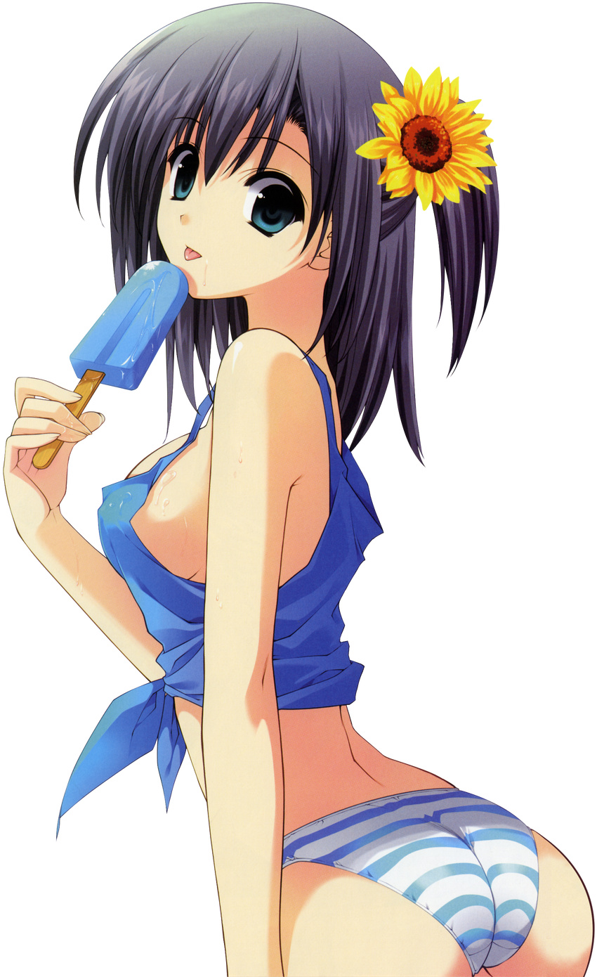 absurdres ass bikini black_hair breasts flower food green_eyes hair_flower hair_ornament highres licking medium_breasts original ponytail popsicle short_hair sideboob solo striped sunflower sunflower_hair_ornament suzuhira_hiro swimsuit transparent_background