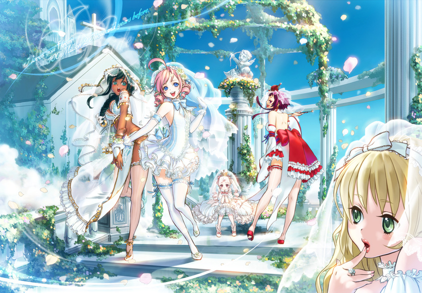 blonde_hair breasts bridal_veil bride brown_hair copyright_request cross cupid curvy dark_skin dress elbow_gloves everyone flat_chest flower gloves green_eyes large_breasts multiple_girls namakura_shiki ribbon sideboob slippers statue veil wedding wedding_dress