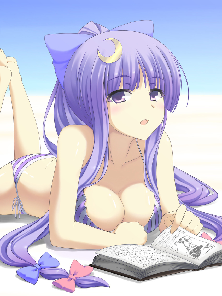 alternate_hairstyle bad_id bad_pixiv_id bare_shoulders barefoot bikini book bow breasts cleavage crescent crescent_hair_ornament hair_bow hair_ornament highres izumi_sai large_breasts long_hair looking_at_viewer lying on_stomach open_mouth patchouli_knowledge pink_bow ponytail purple_eyes purple_hair side-tie_bikini solo striped striped_bikini swimsuit touhou